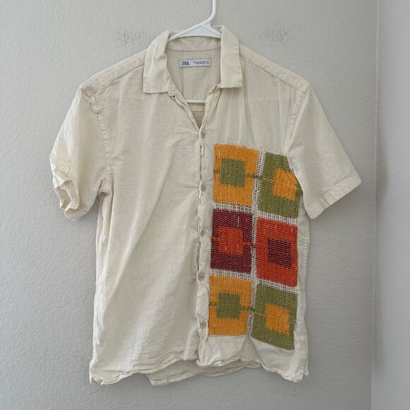 Zara Men Retro Inspired Crochet Knit Button Up Shirt Short Sleeve Cotton Blend M - Picture 2 of 16